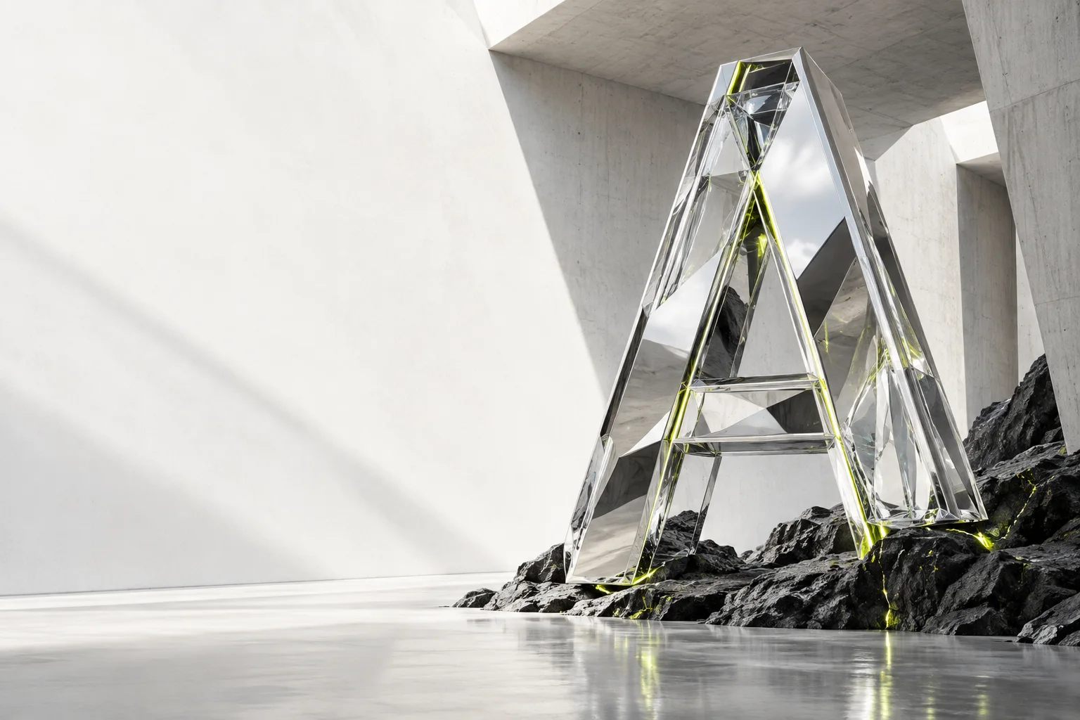 Sculptural glass and chrome ATLAS A, illuminated with lime on black stone
